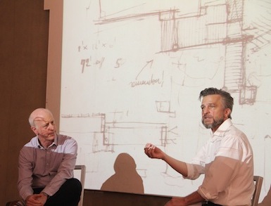 Photo of Paul Goldberger (L) in conversation with Robert Kirkbride (R).