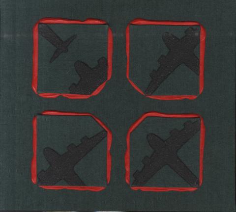 Four squares with red borders with airplanes inside.