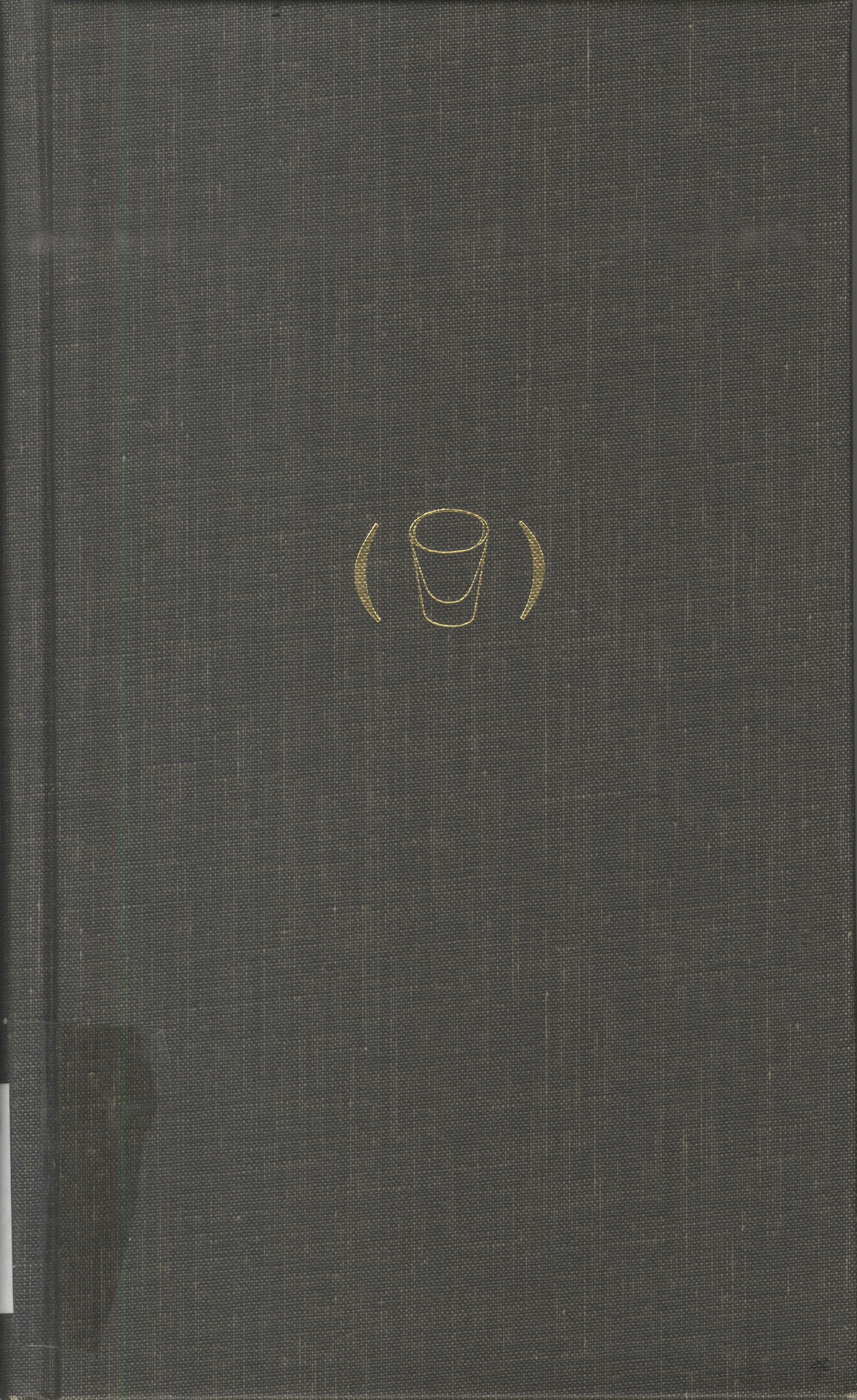 dark olive canvas book cover with an illustration of a shot glass between brackets 