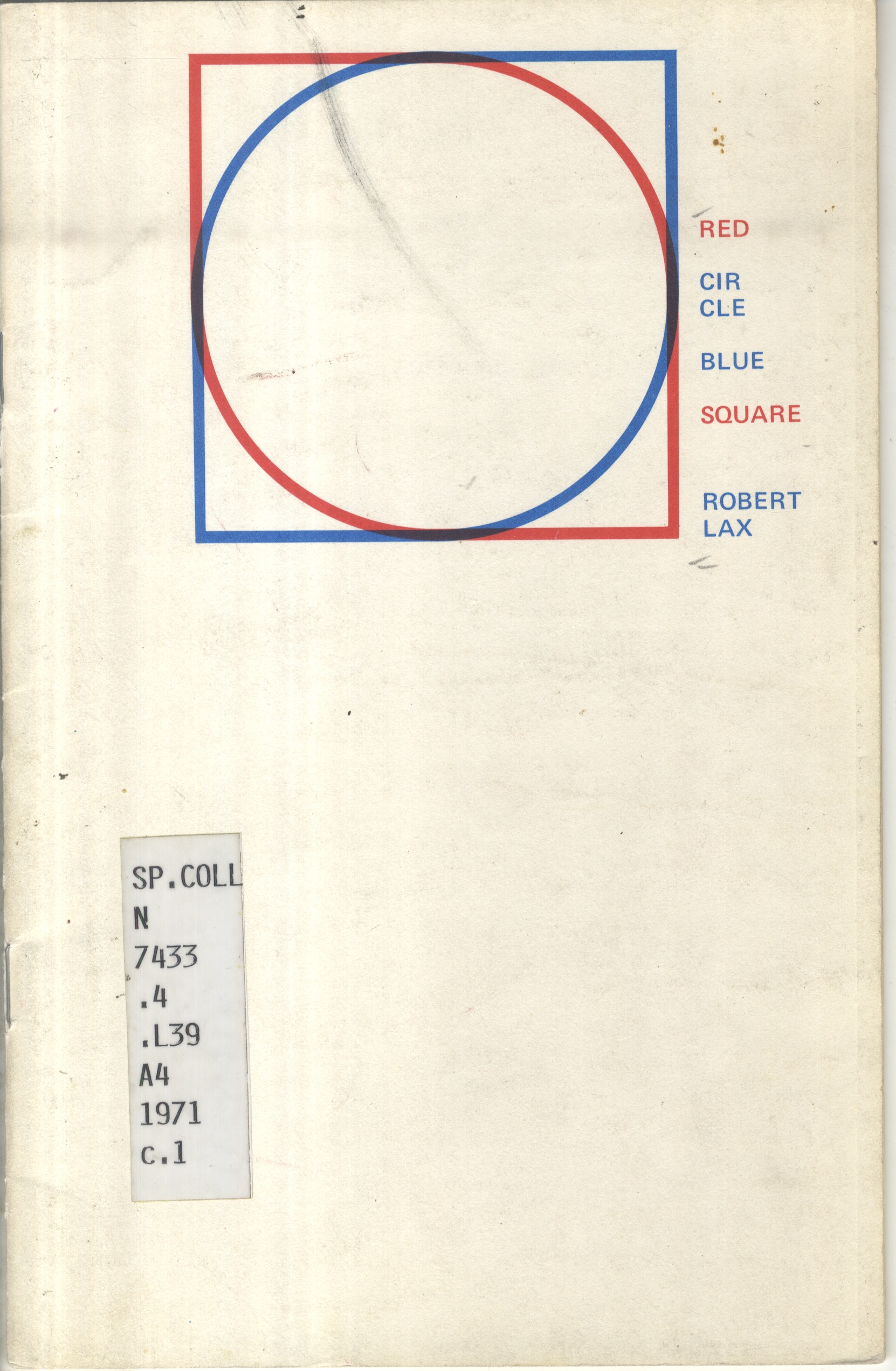 Square with red and blue digonal corners, circle on top of the square with red and blue digonal quaters on a off-white book cover and title on the side