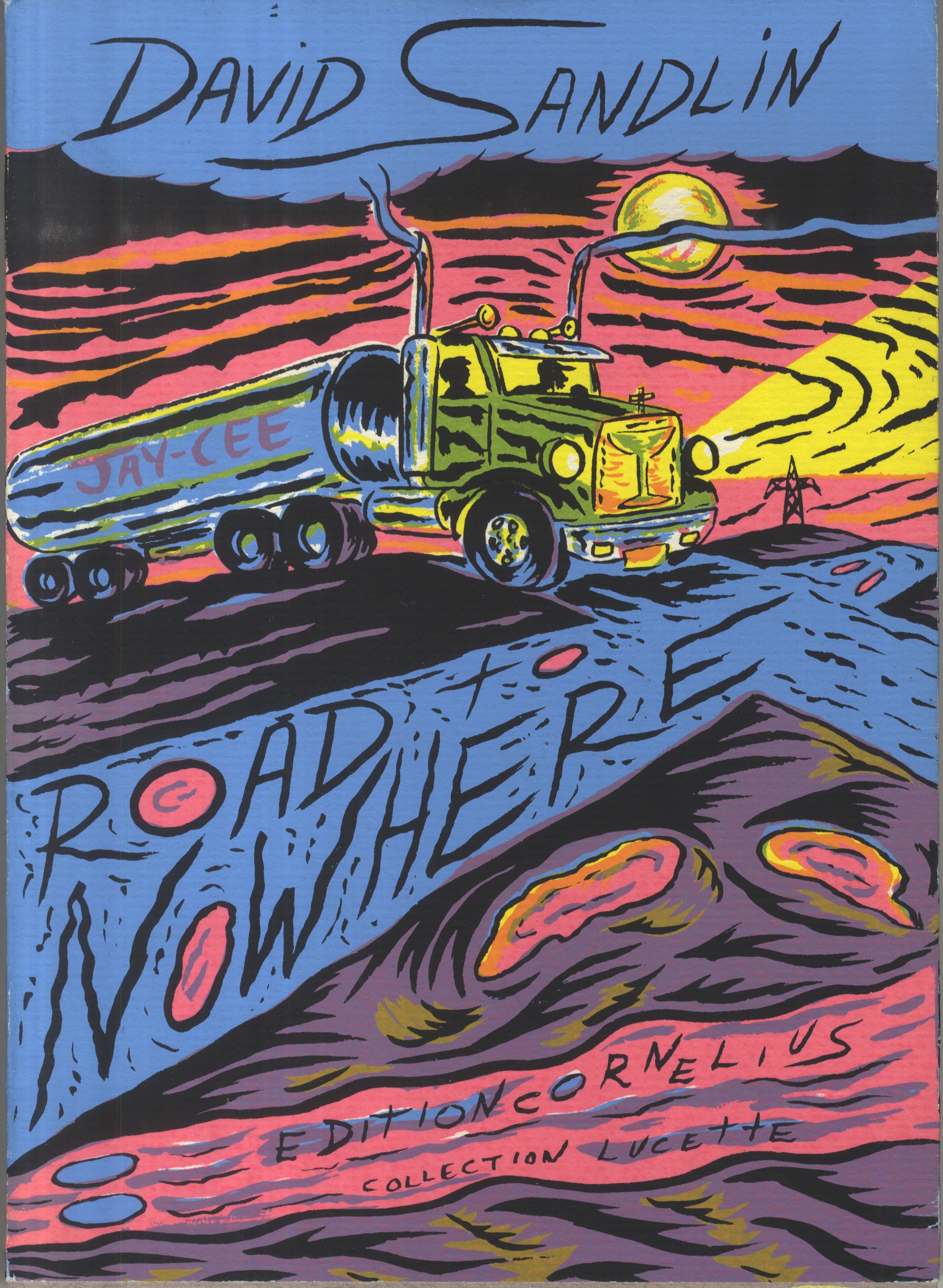 Multicolor illustration of a truck on the road in the night
