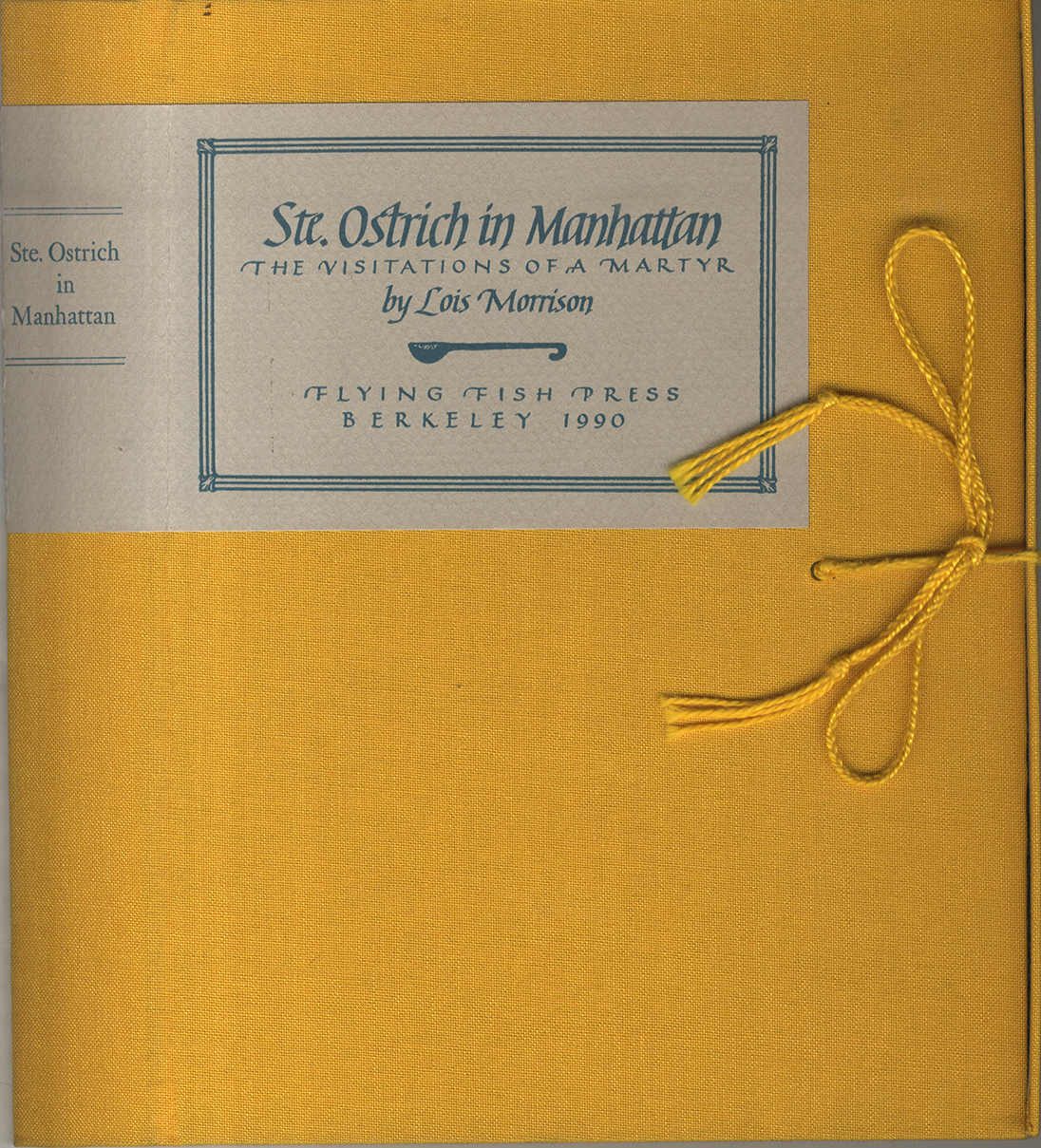 Book cover with yellow canvas and a stamp which has the title inside a blue frame. 