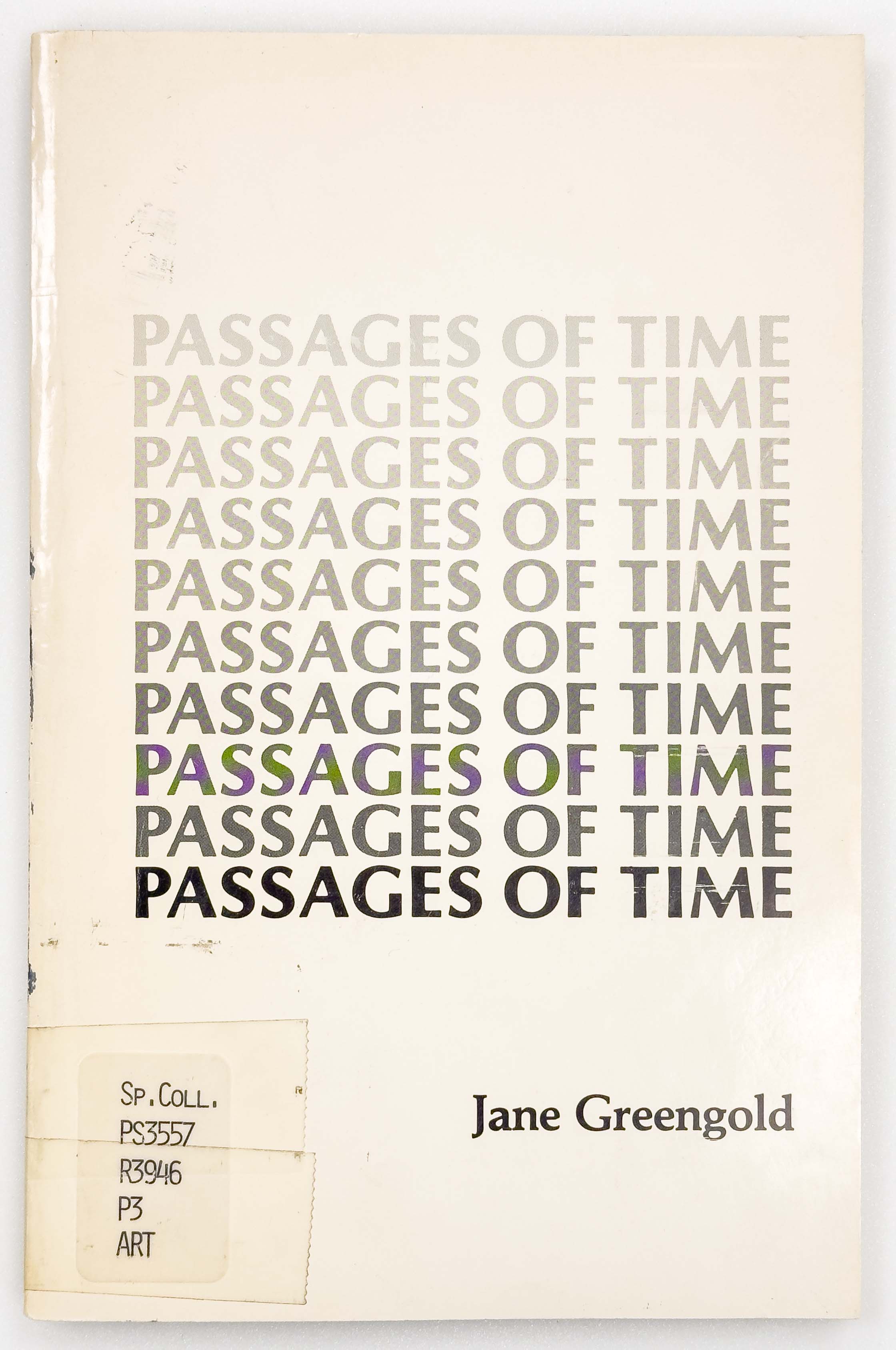 An off white book cover with the text: Passages of Time, repeated on the cover