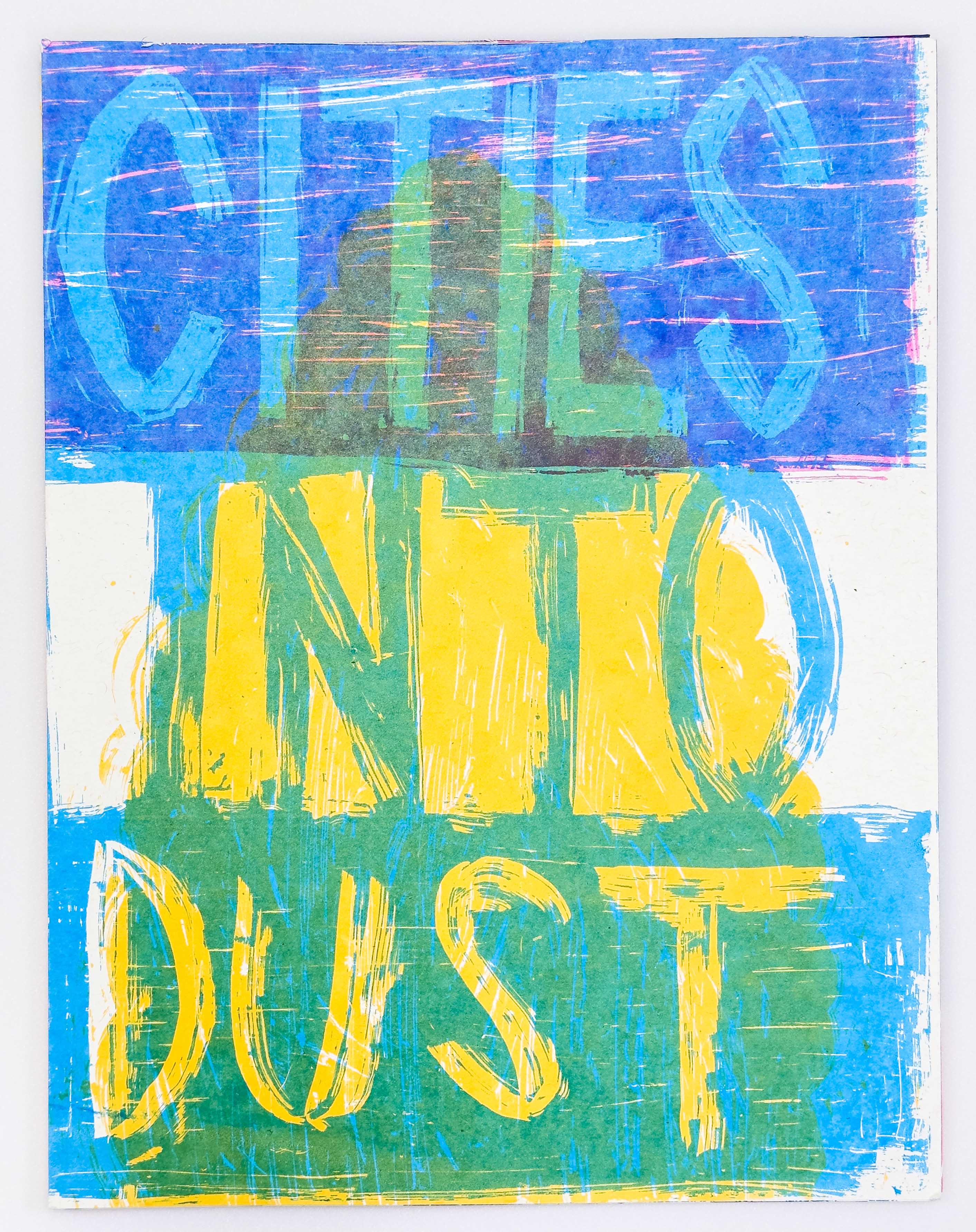 The screen printed title, "Cities Into Dust," is in blue on a striped cover with dark blue on top, white in the middle, and light blue on the bottom, with a transparent yellow color in the shape of an iron over the text. 