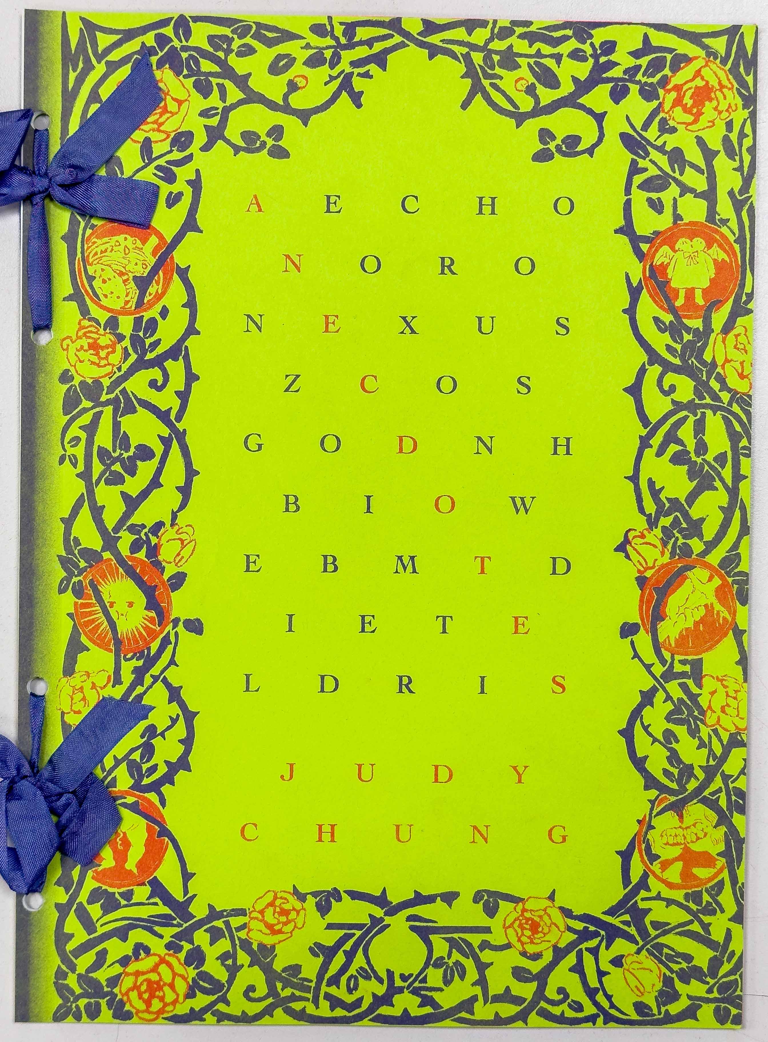 Neon green cover with a black outline border of rose stems and red figures. Along with the center being a word puzzle with the title going diagonally across in red text.