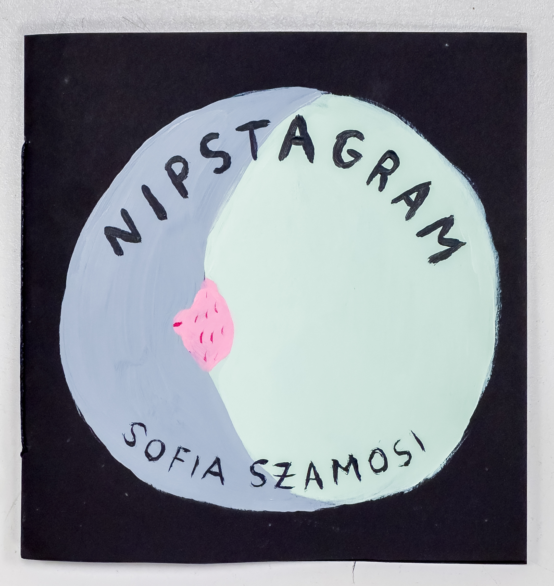 Hand-painted black cover of a light blue breast, with a pink nipple within a mid tone blue circle with the title and author name within the circle