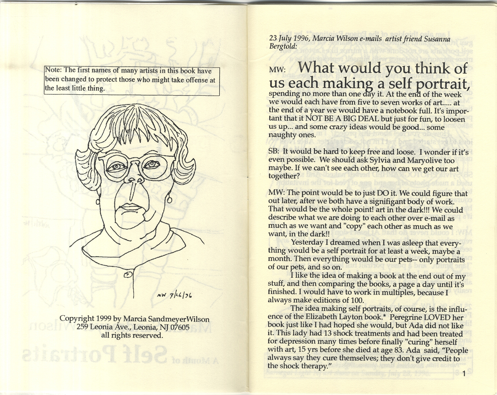 Interior pages from A month of self portraits by Marcia Sandmeyer.