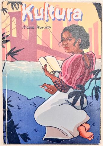 An illustration of a black women sitting on the ground holding a book and a pen in a park at the pier with a bridge and New York City skyline in the background.