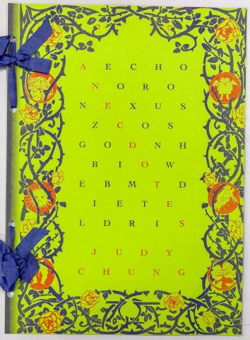 Text that reads, AECHO NORO NEXUS ZCOS GODNH BIOW EBMTD IETE LDRIS in blue color with red letter within these words forming the word Anecdotesand and thorny vines on the border of the book cover, set against a green background.