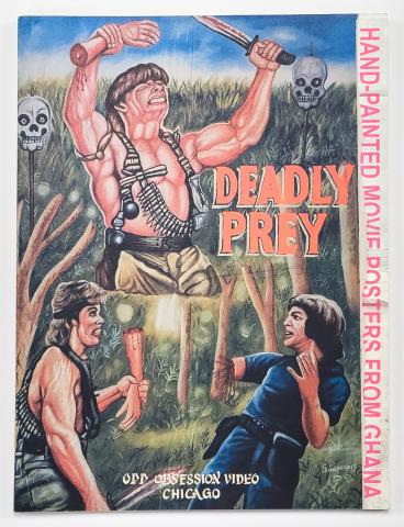 Hand painted poster of a muscular male  in hand in a forest with a round of bullets around the neck and a machete in hand. 