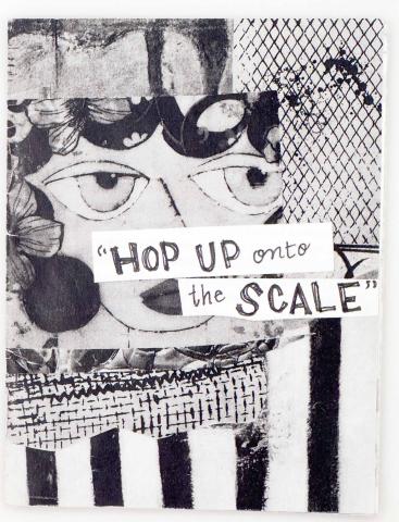 a black and white cover with collage elements like a drawing of a woman, fences, stripes and the title hand drawn in the center 