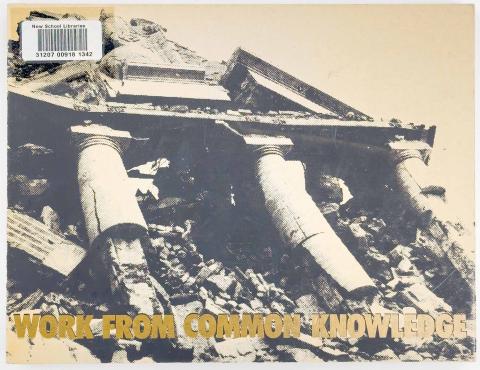 A black and white photograph of a toppled structure with the title in a golden brown color at the bottom