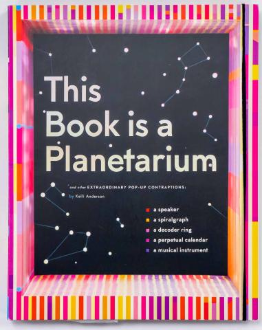 Striped pink, orange and purple frame with a black and white constellations along with the title on the cover