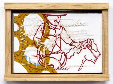 a pine and birch box with sliding plexiglass front panel with a red outline drawing of a cowboy